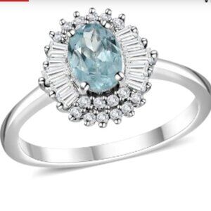 Aqua Kyanite and White Zircon Halo Ring